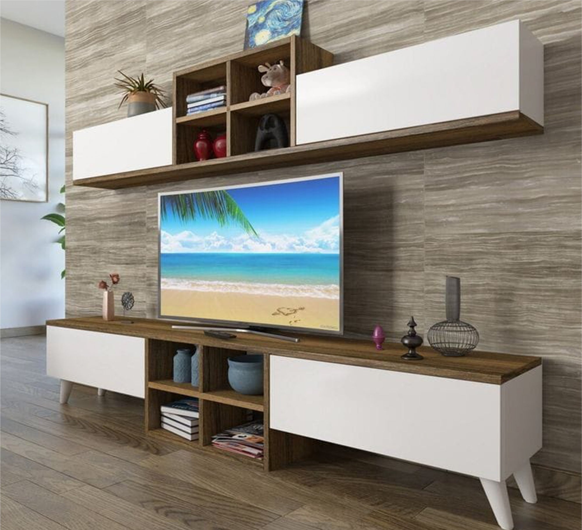 Elegant TV table and top piece in white and brown wood