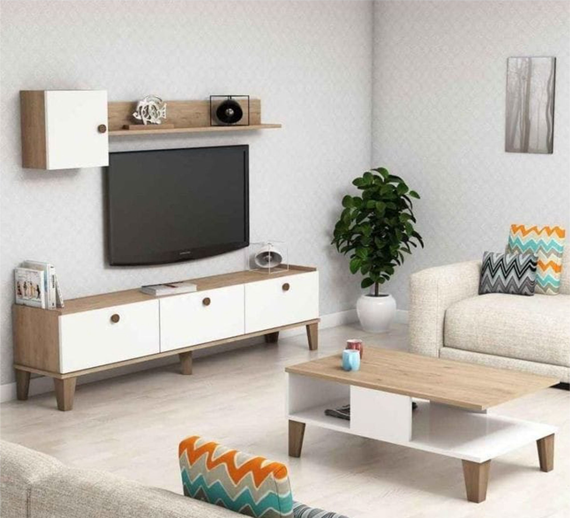 Center table, TV table and top piece in distinctive white and wooden beige