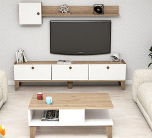 Center table, TV table and top piece in distinctive white and wooden beige