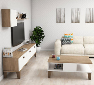 Center table, TV table and top piece in distinctive white and wooden beige