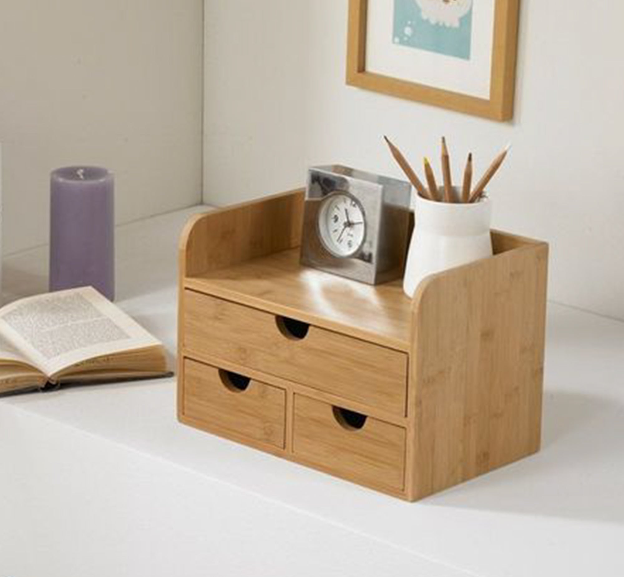 Beige wooden desk organizer