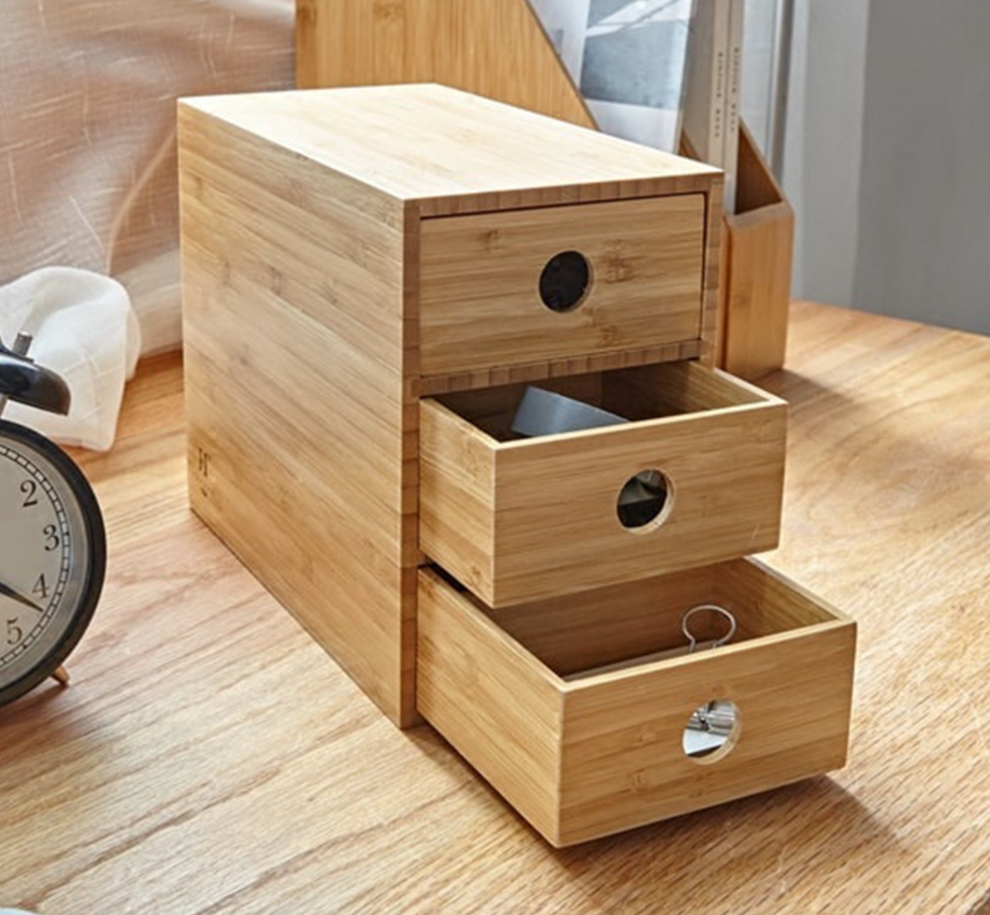 Beige wooden desk organizer