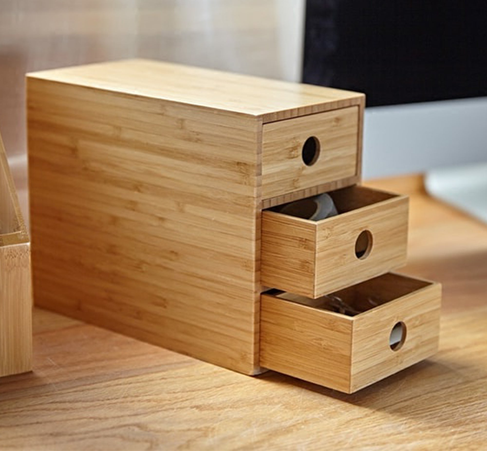 Beige wooden desk organizer