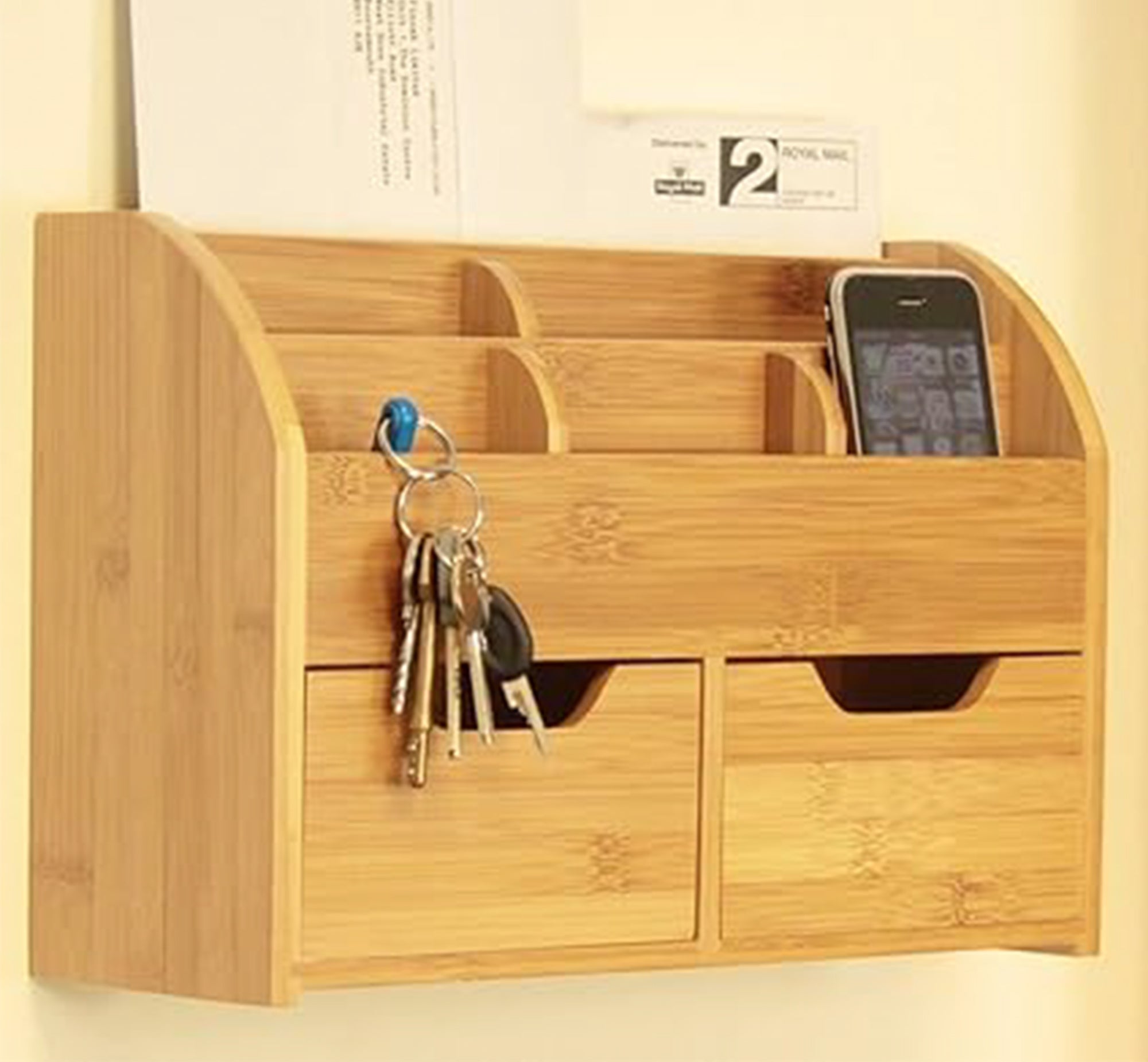 Beige wooden desk organizer