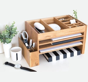 Beige wooden desk organizer