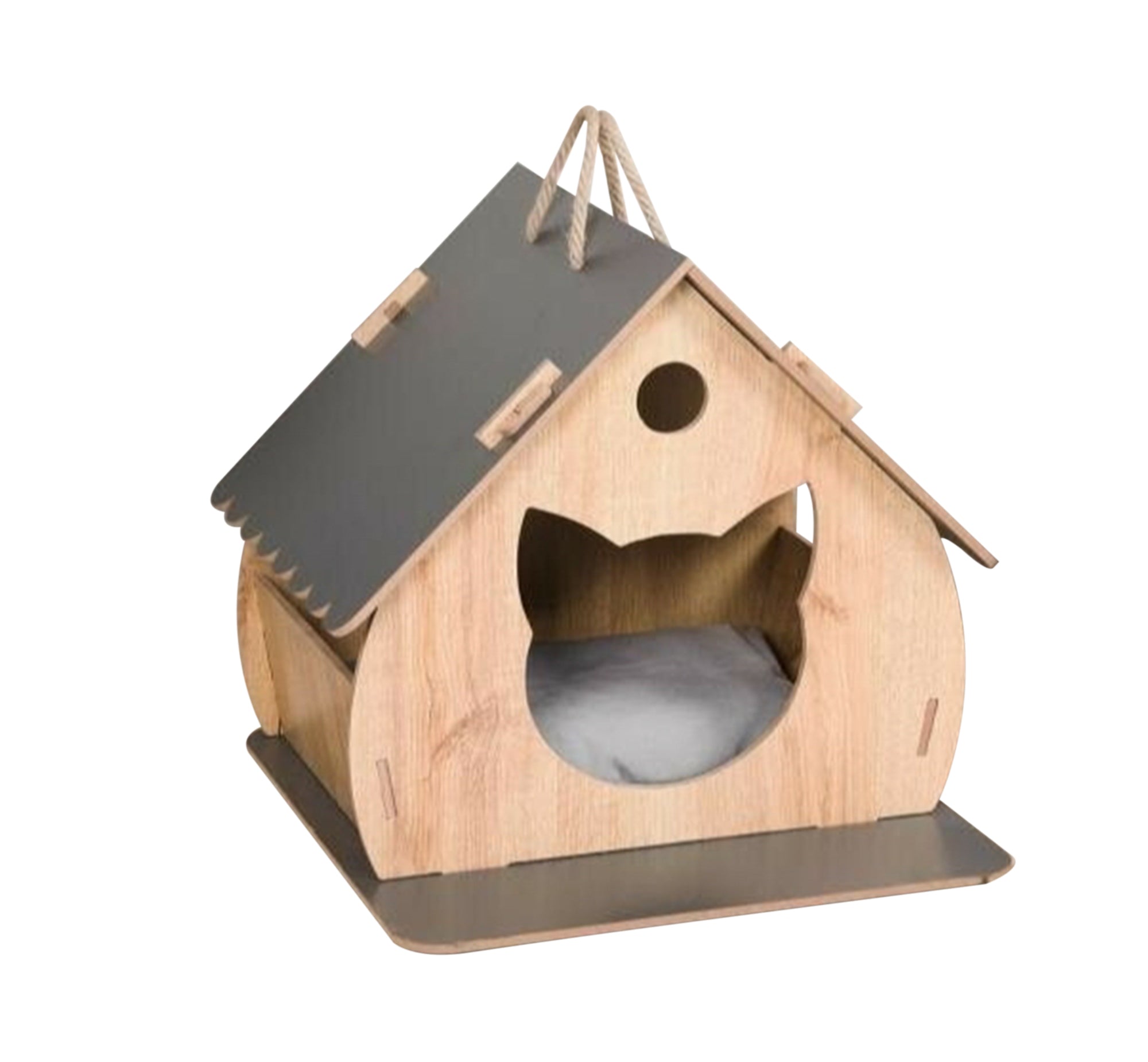 Beige and black wooden cat house