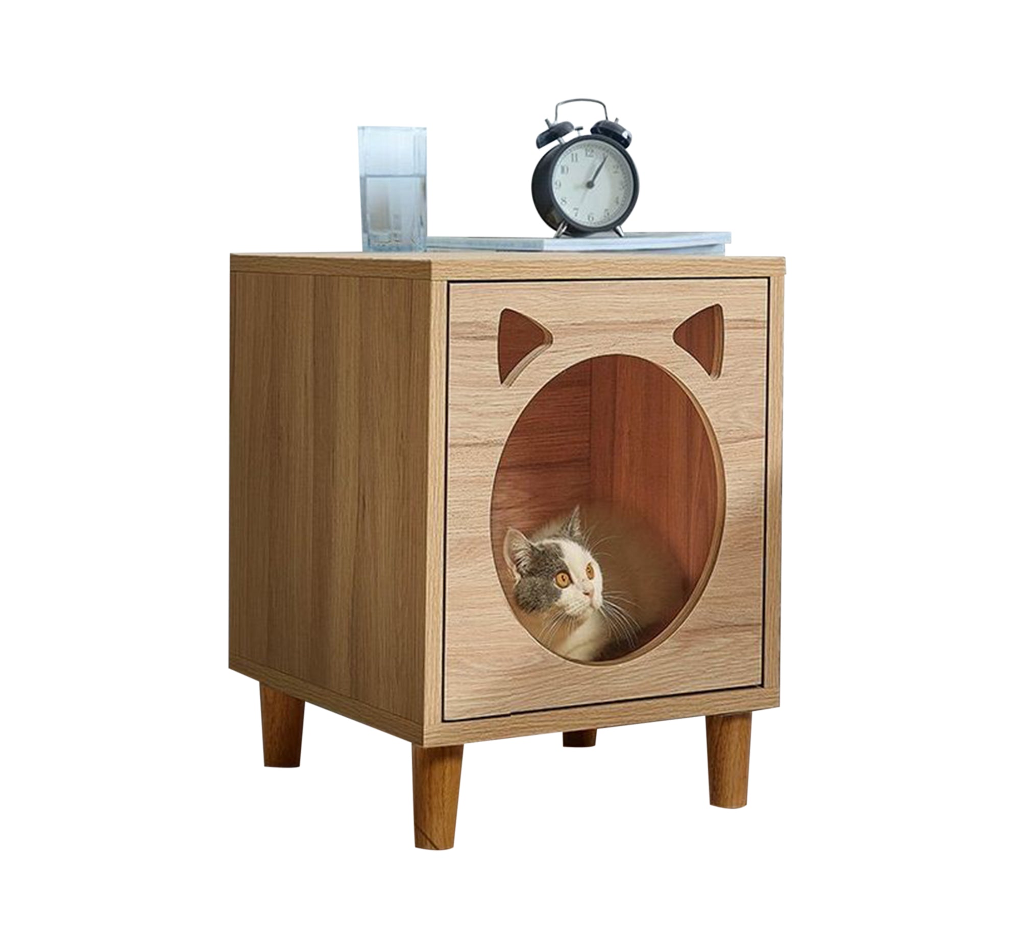 Beige wooden side table and cat house