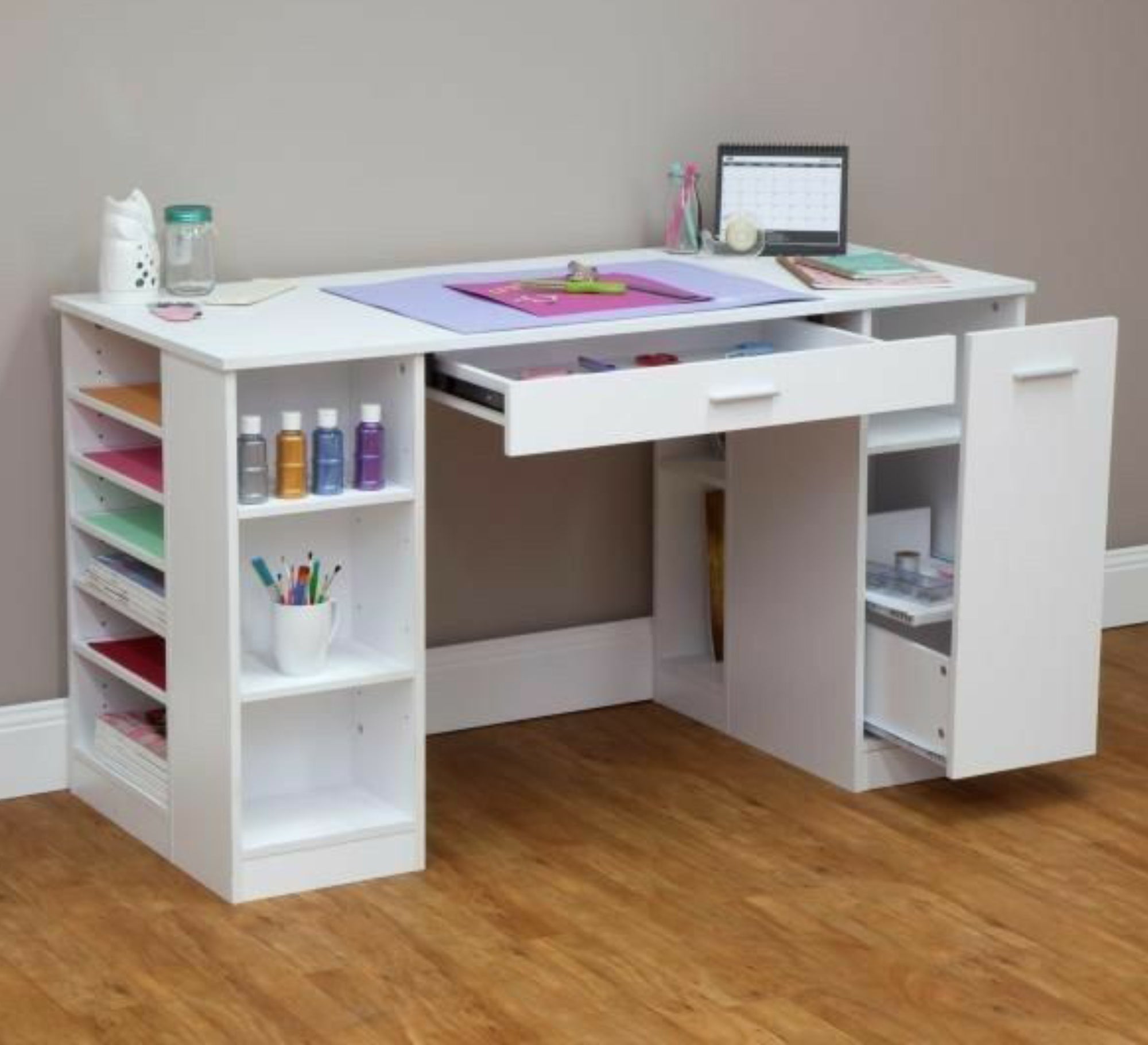 White desk with open side shelves