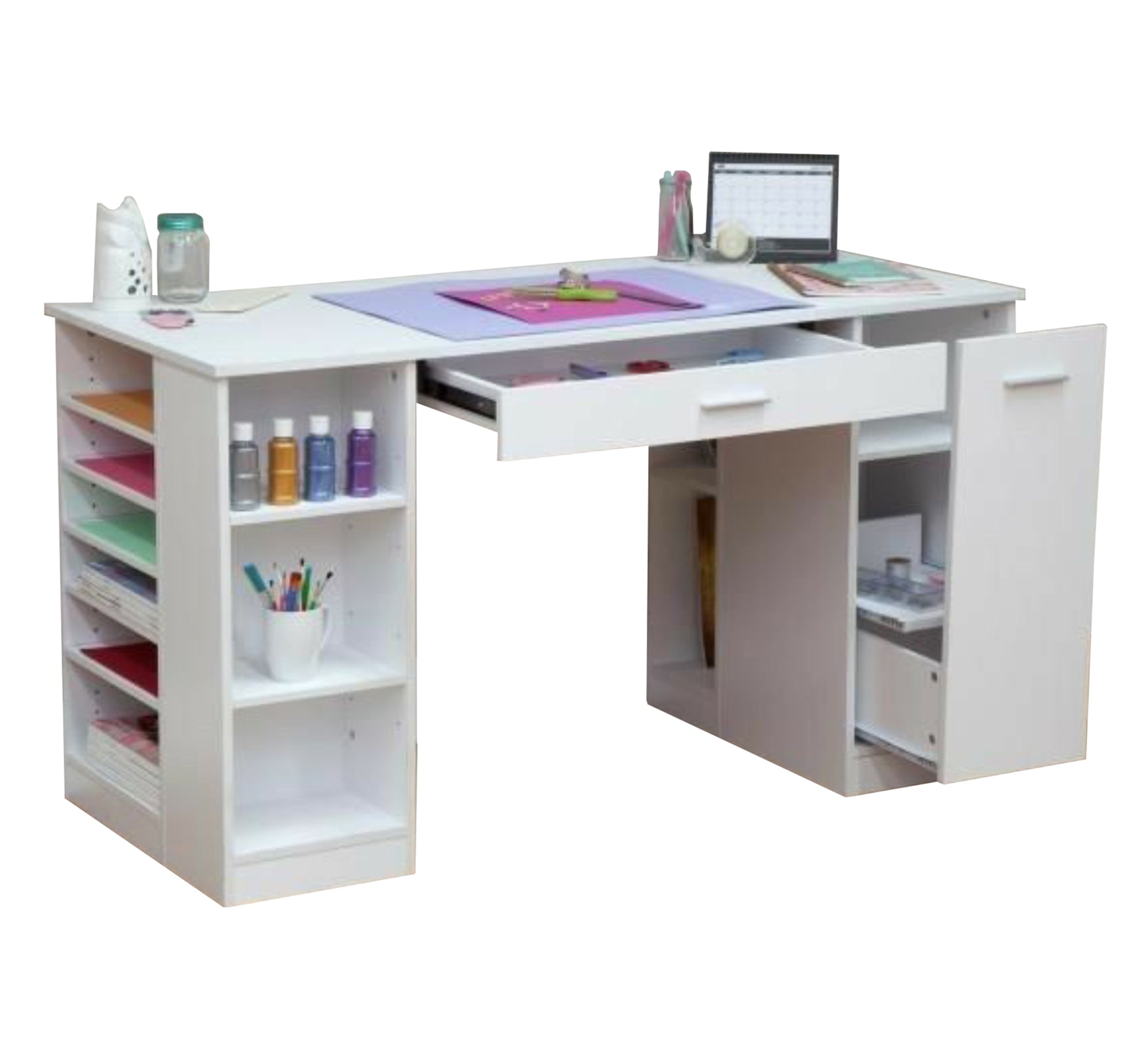 White desk with open side shelves