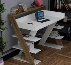 White and beige desk with open shelves