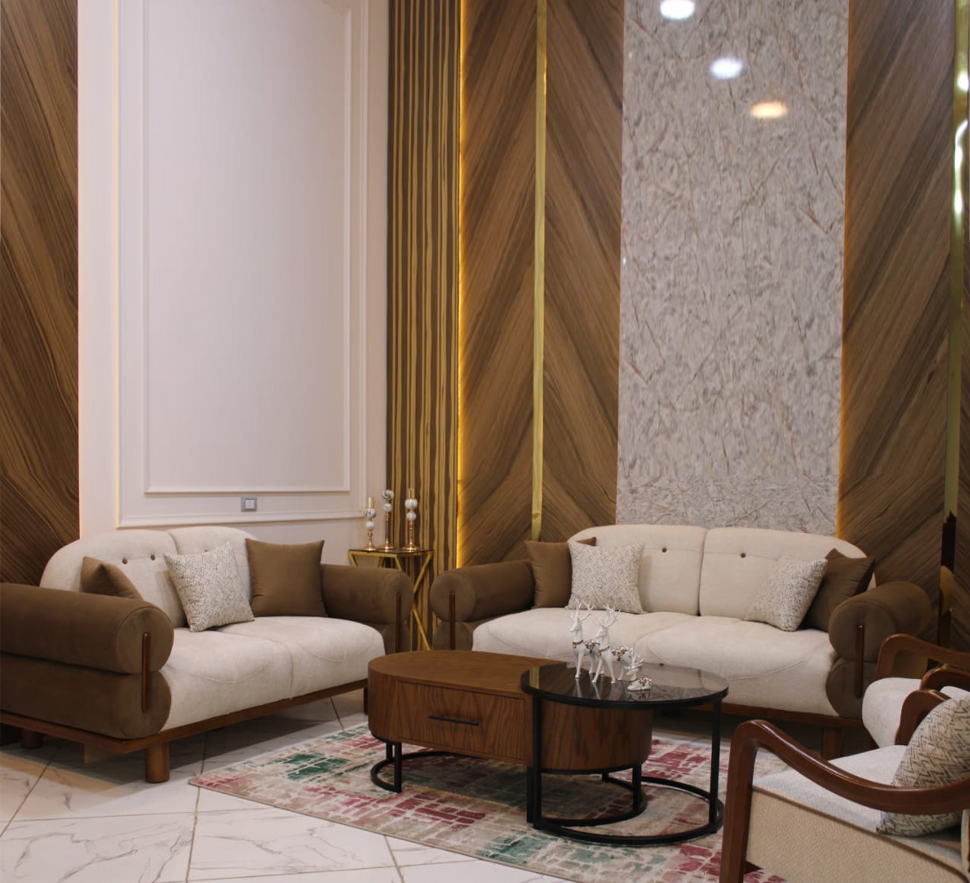 Beige and brown living room with raised legs