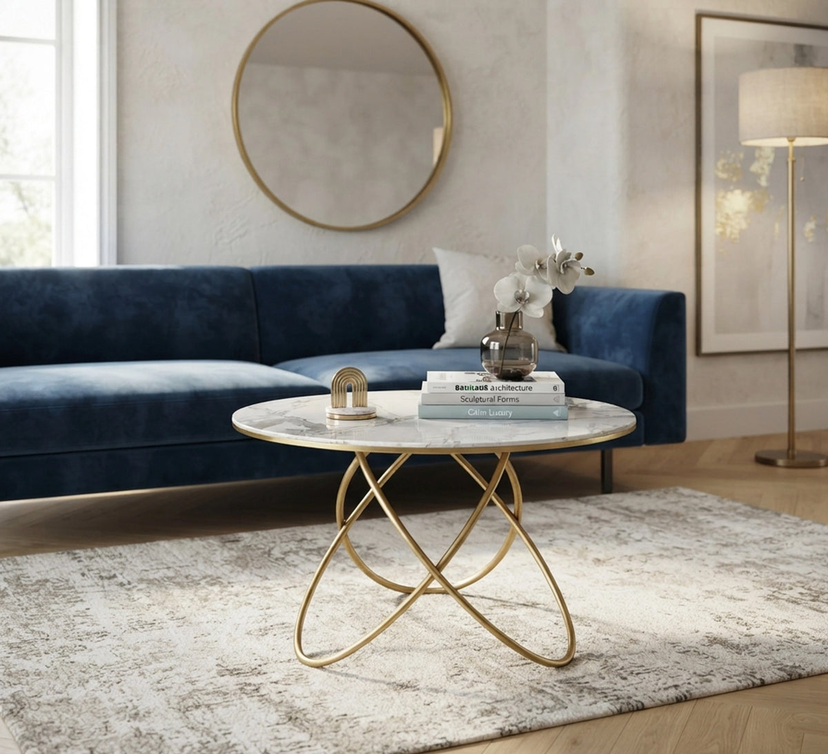 Center table with a curved base and a round marble top
