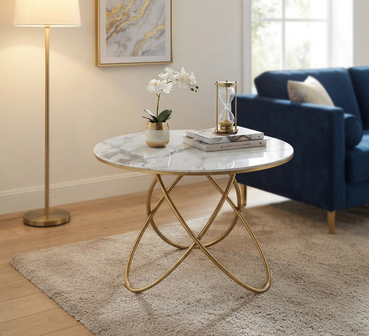 Center table with a curved base and a round marble top