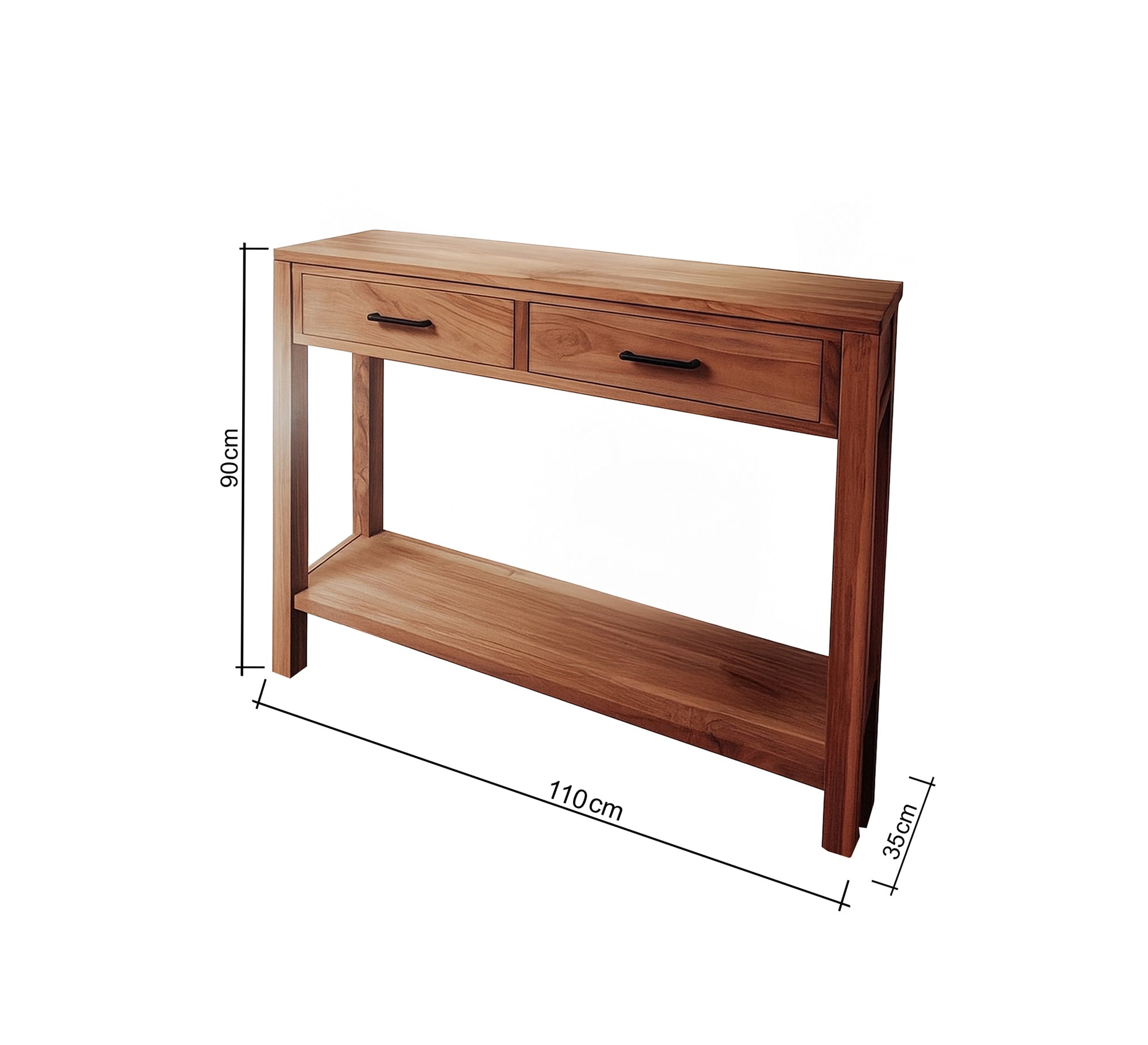Wooden console table with two drawers and a shelf