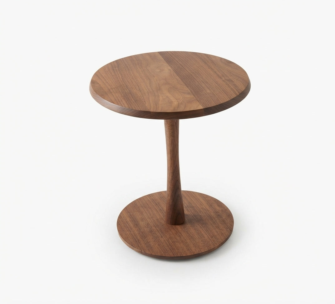 Round serving table with a warm wood design