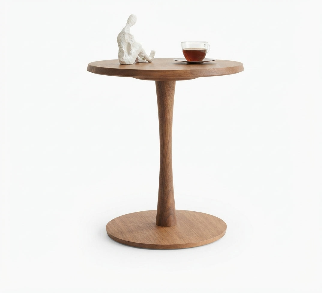 Round serving table with a warm wood design