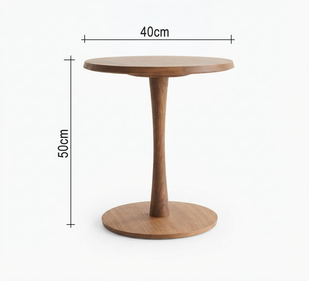 Round serving table with a warm wood design