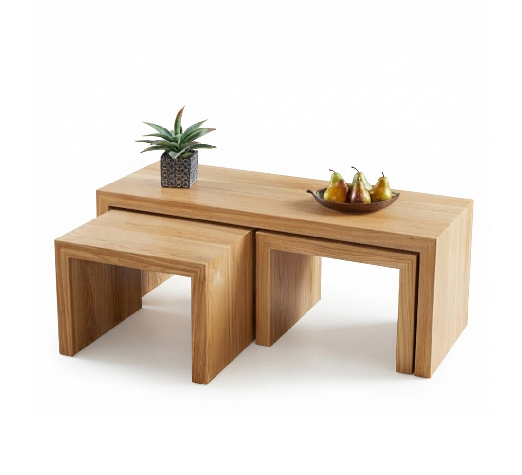 Set of nested wooden side tables with a modern design