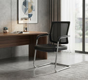 Comfortable waiting chair with a stable metal base and mesh back
