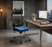 Black office chair with a comfortable blue seat
