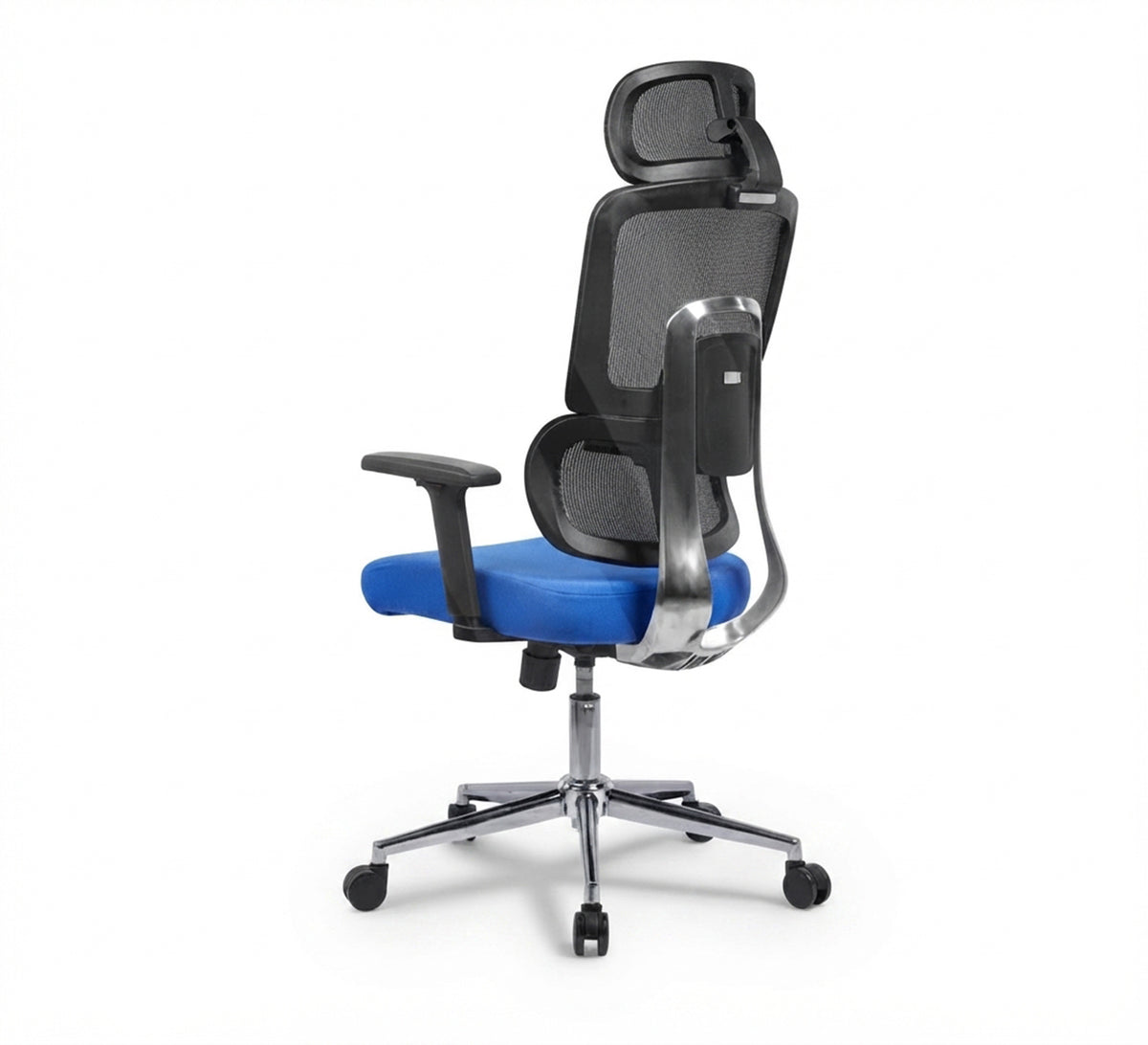 Black office chair with a comfortable blue seat