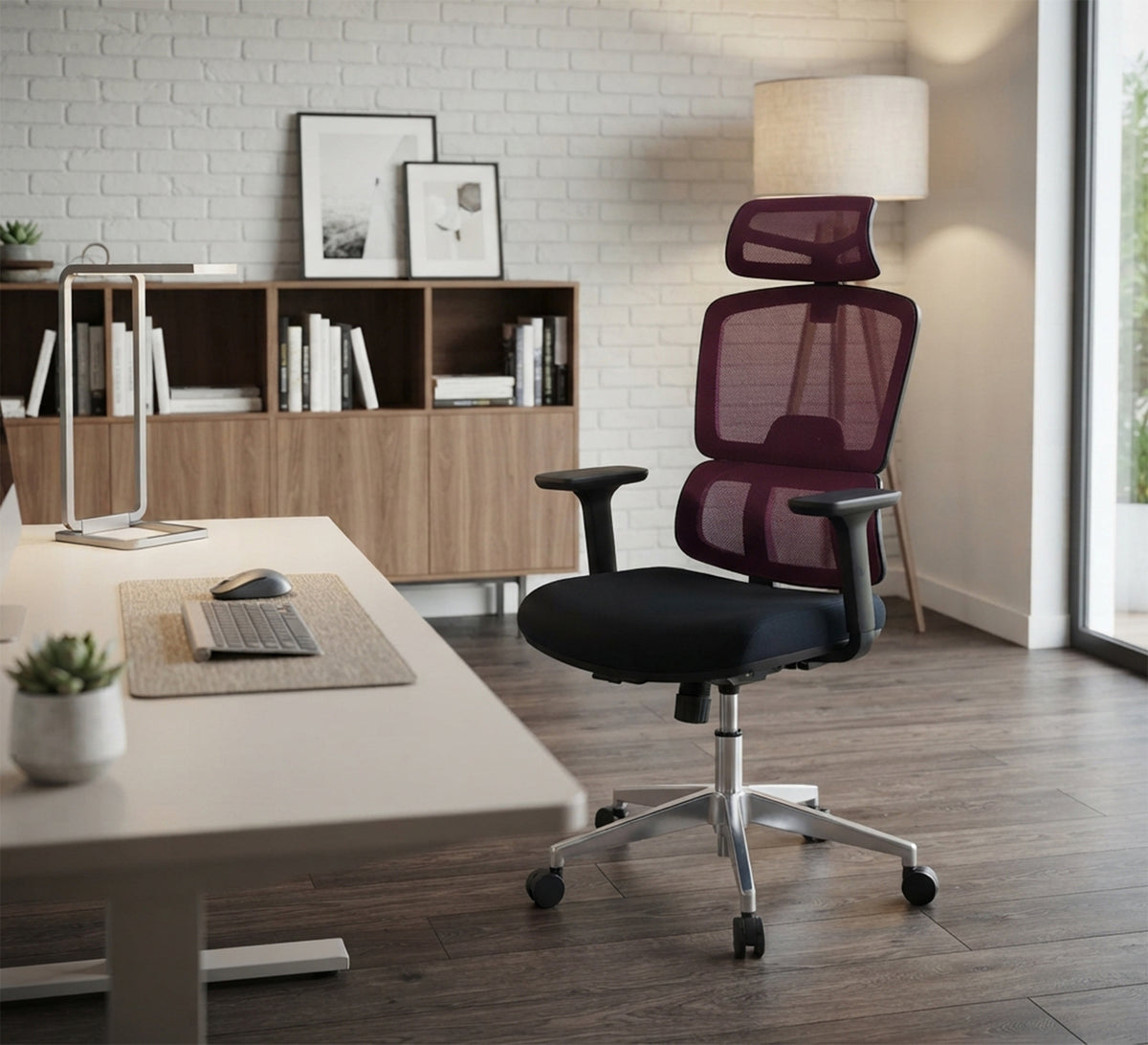 Comfortable and High Office Chair with Burgundy Mesh Back