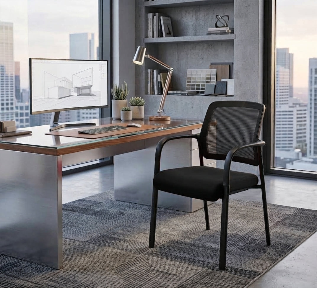 Stylish meeting chair with red seat and mesh back