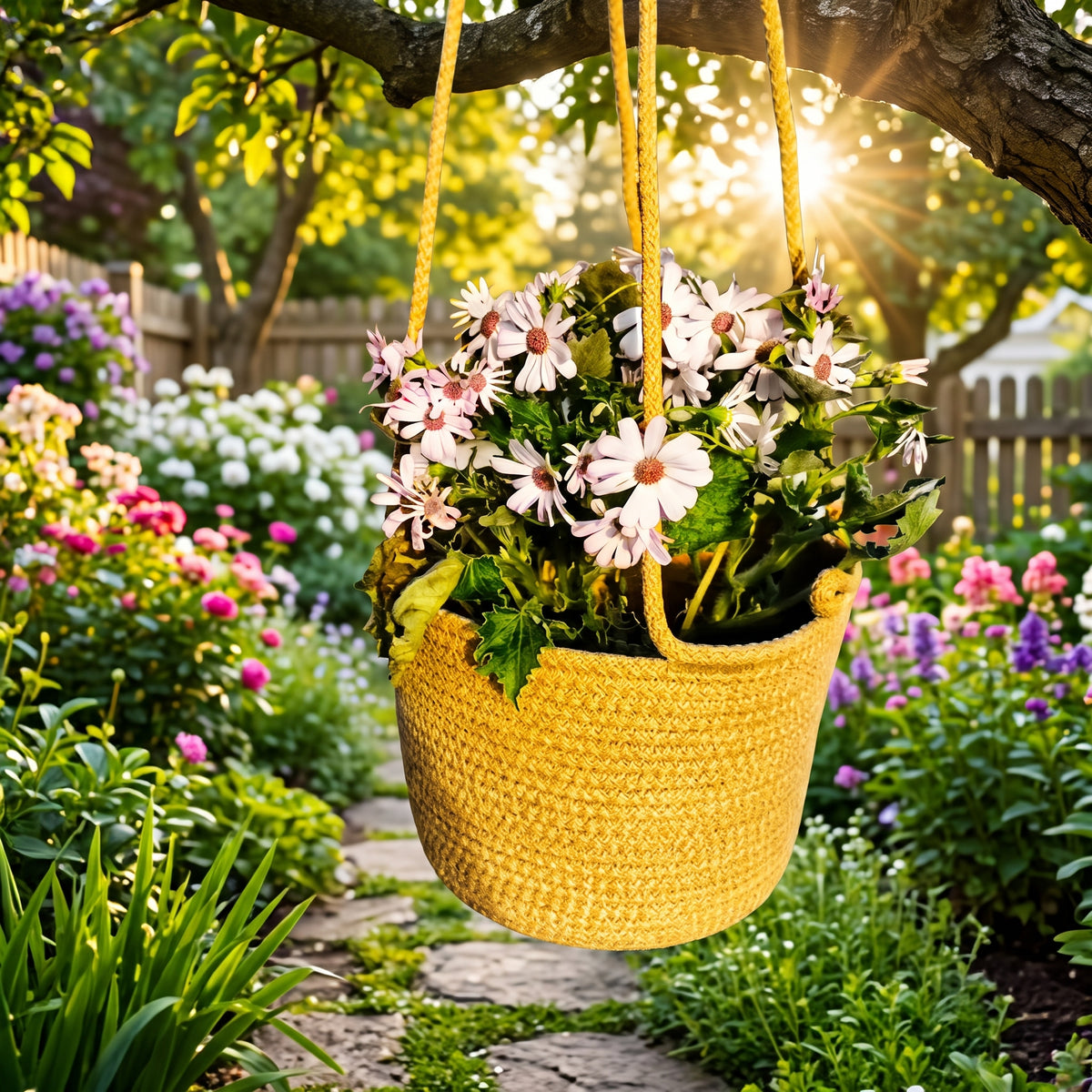 Hanging plant basket with ropes available in many colours