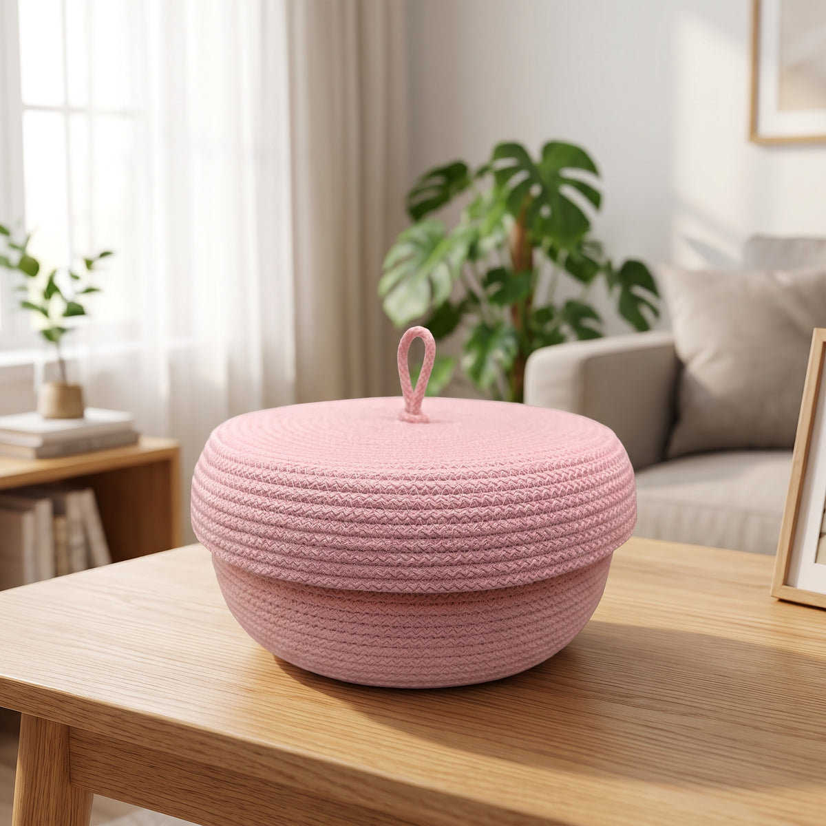Round container with a domed lid and a top loop