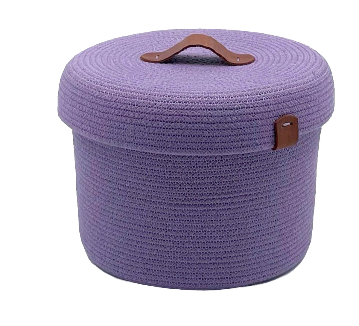 Round box with a lid and a leather handle