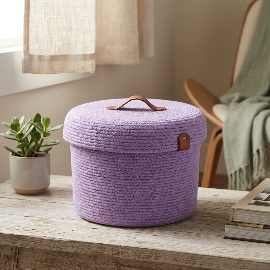 Round box with a lid and a leather handle