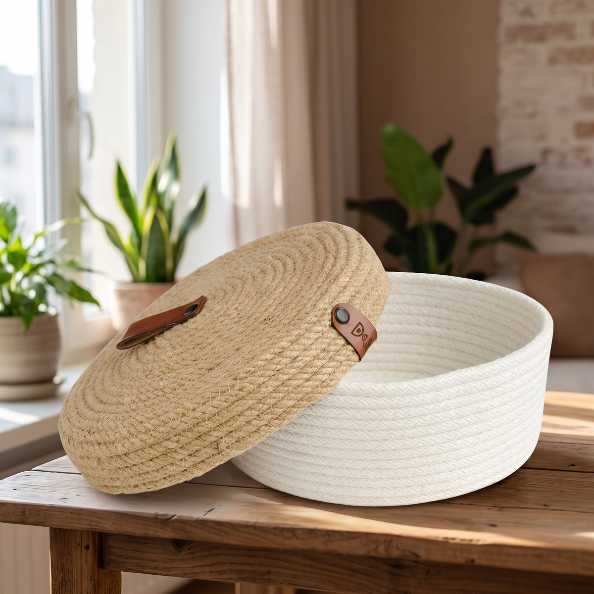 Round container with a jute lid