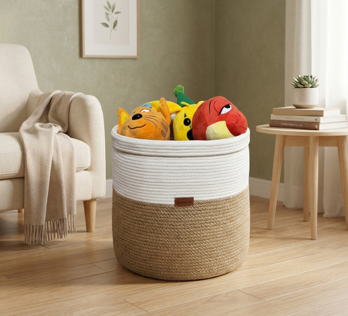 Two-tone round cotton and jute toy basket