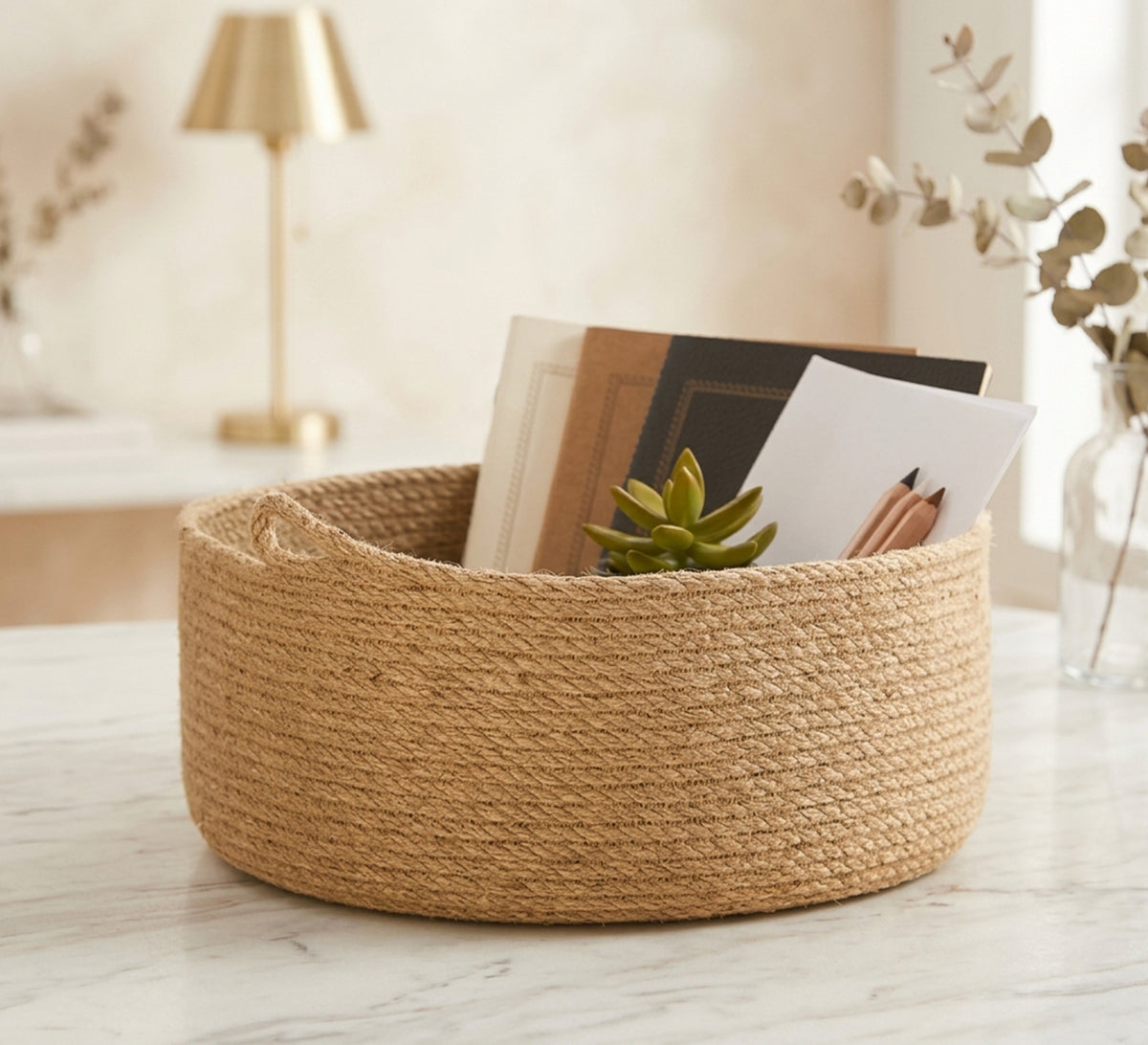 Round jute fruit basket with handles