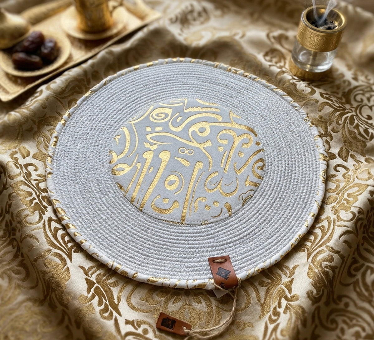 Flat jute base featuring Arabic calligraphy in the center
