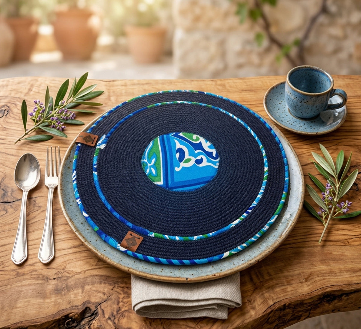Dark circular tablecloth in blue fabric