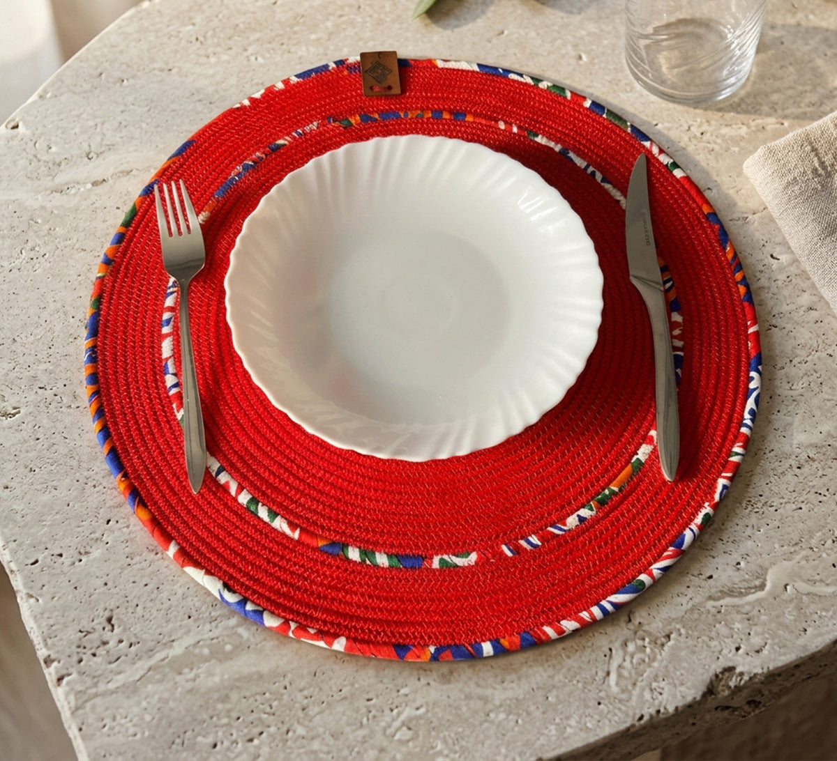 Dark circular tablecloth in blue fabric