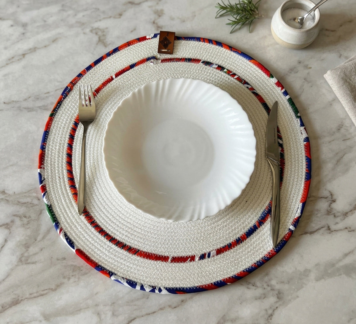 Dark circular tablecloth in blue fabric