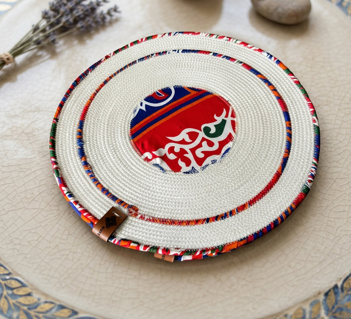Dark circular tablecloth in blue fabric