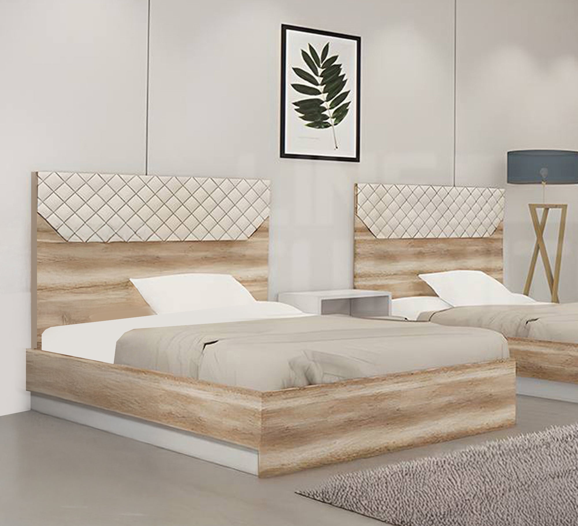 A bed with a headboard decorated with geometric patterns - Vitrine Furniture - Furniture