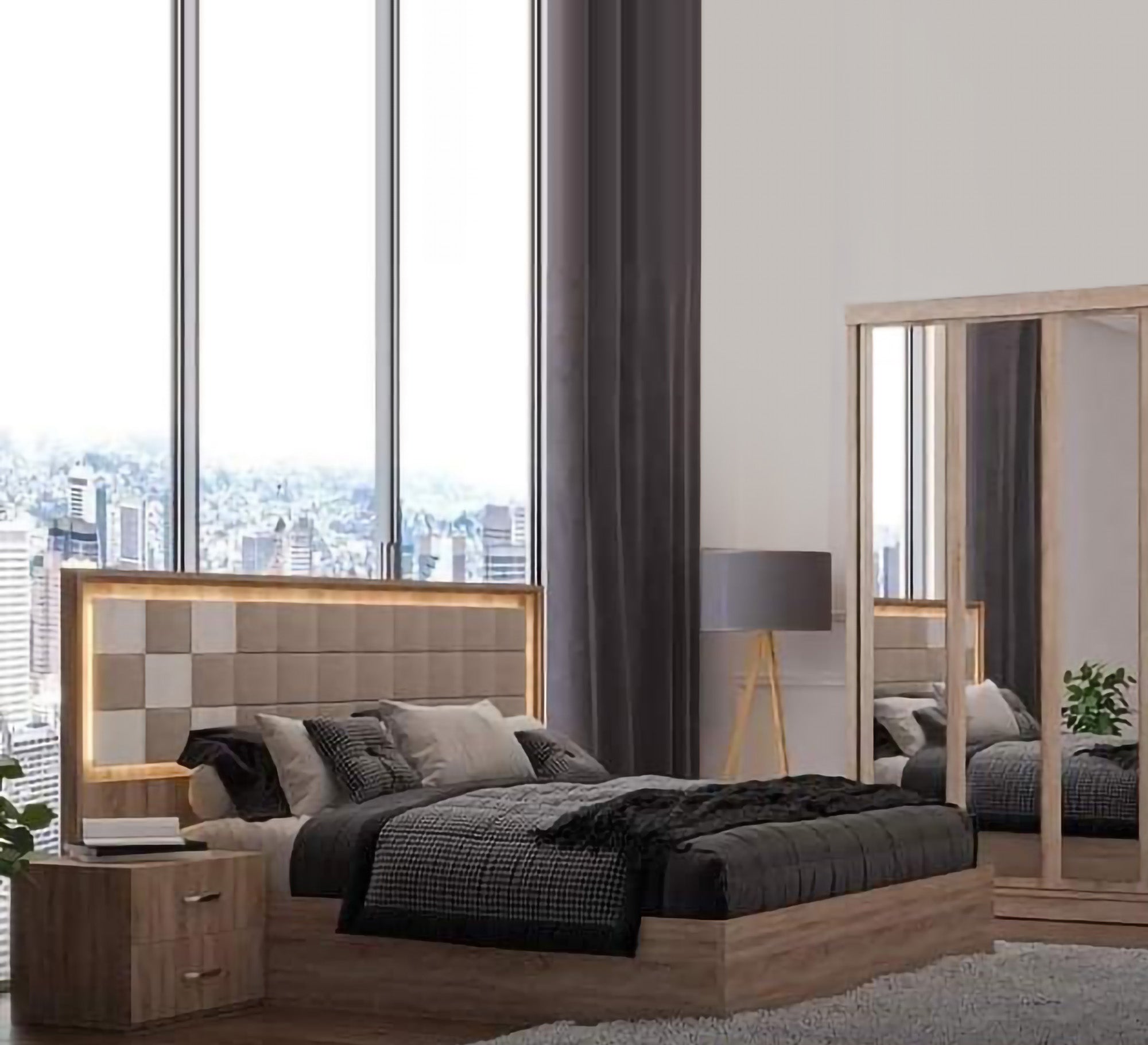 A bedroom with a sliding door - Vitrine Furniture - Bed Sets