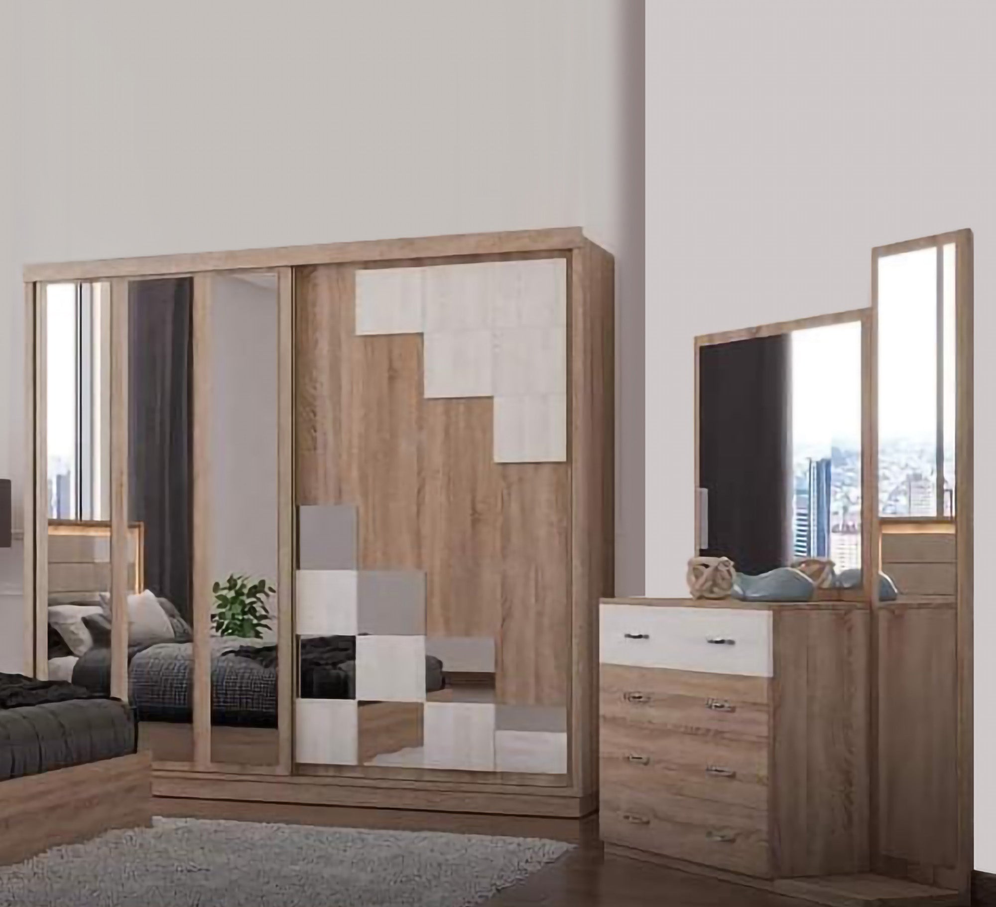 A bedroom with a sliding door - Vitrine Furniture - Bed Sets
