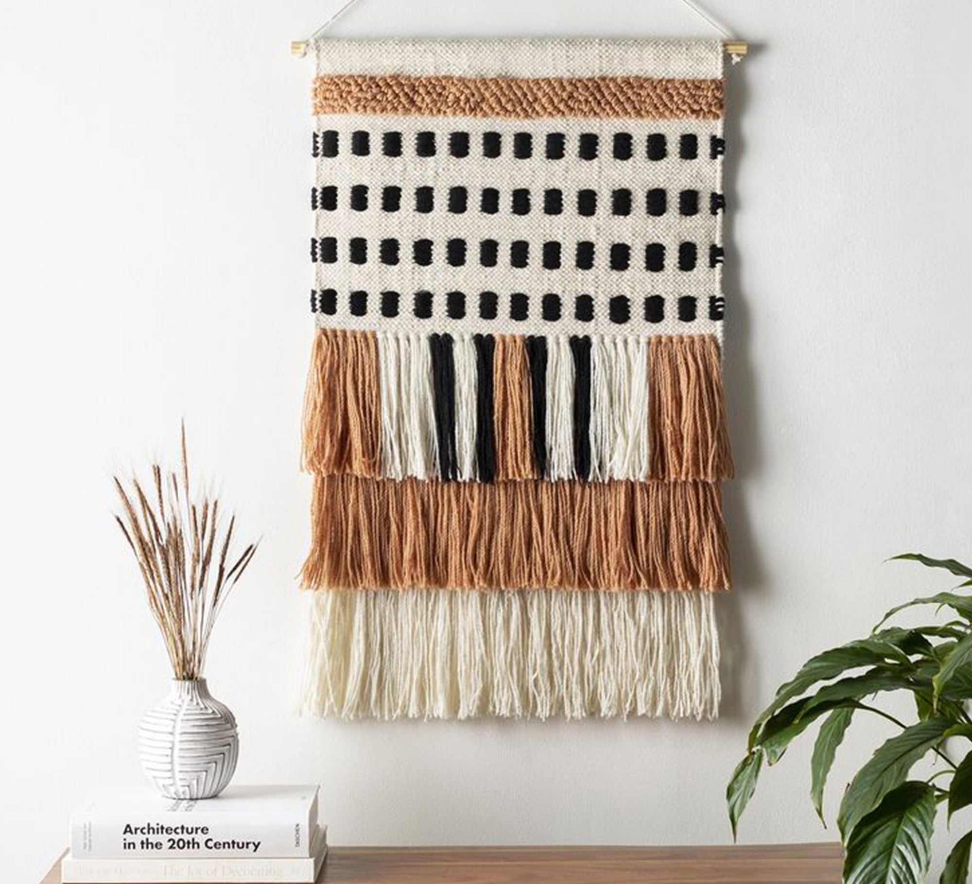 A beige and black square runner with brown tassels - Vitrine Furniture - Accessories