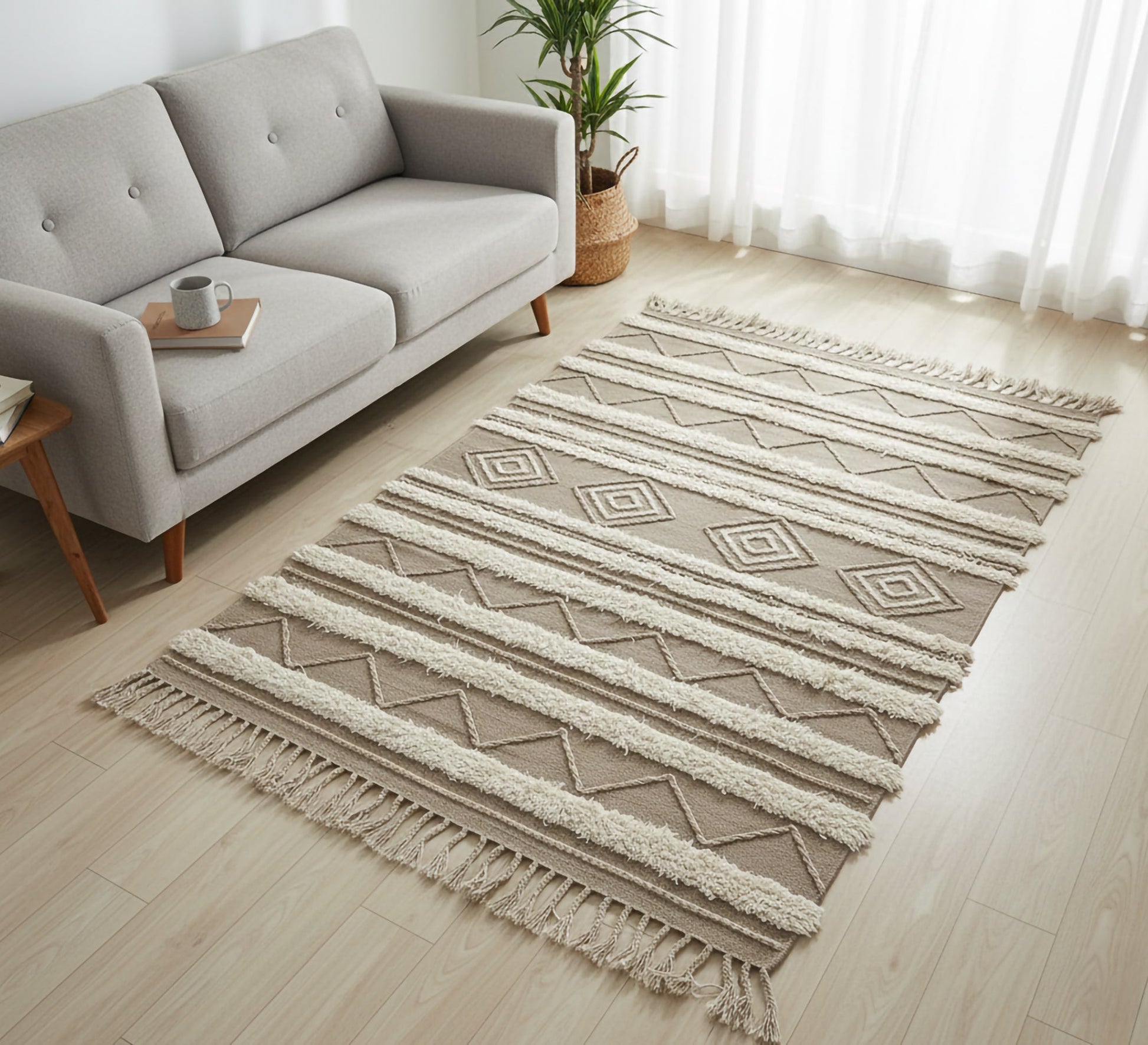 A beige floor rug with prominent stripes and light diamond patterns - Vitrine Furniture - Accessories