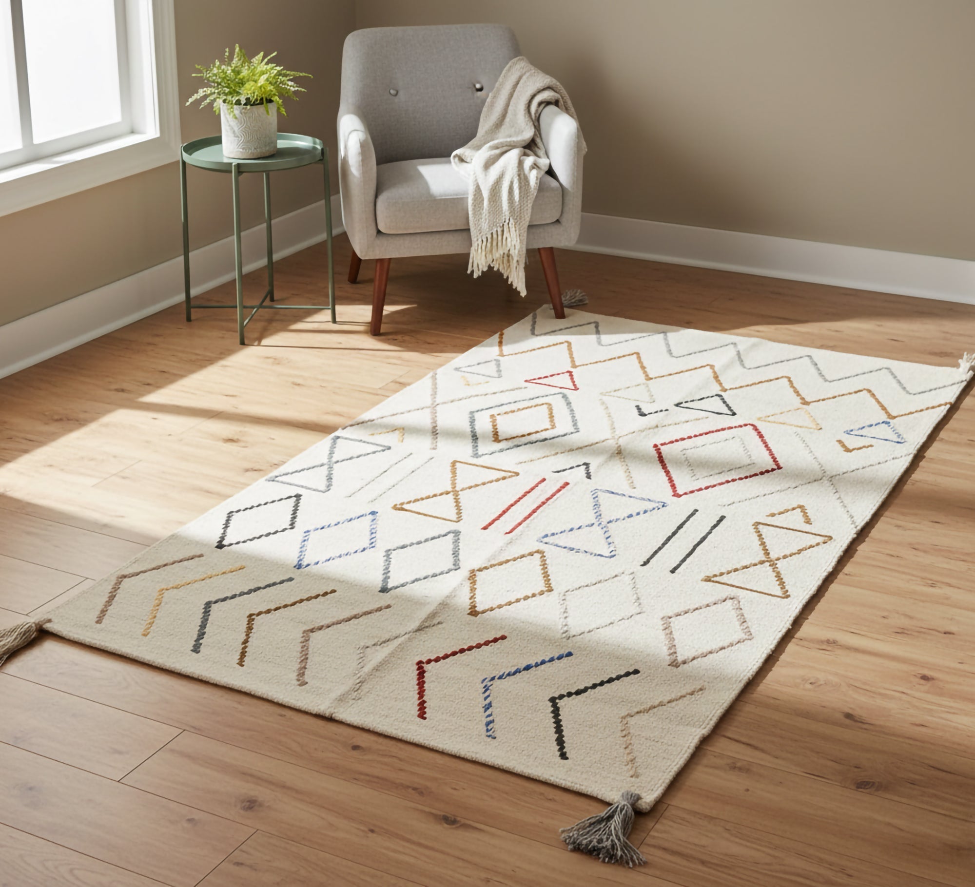 A beige rug with a multicolored geometric pattern - Vitrine Furniture - Accessories
