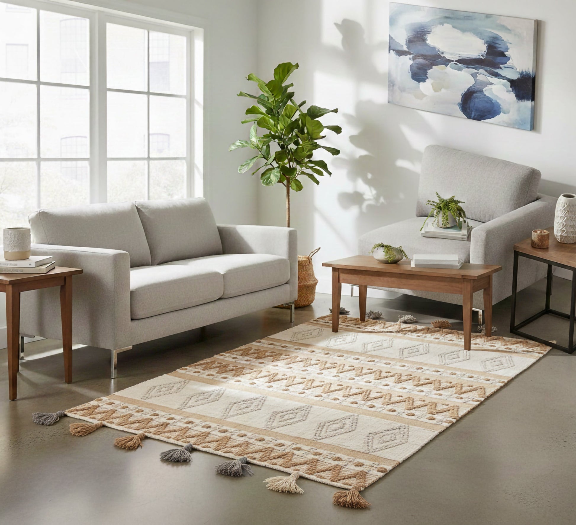 A beige rug with brown and gray geometric shapes - Vitrine Furniture - Accessories