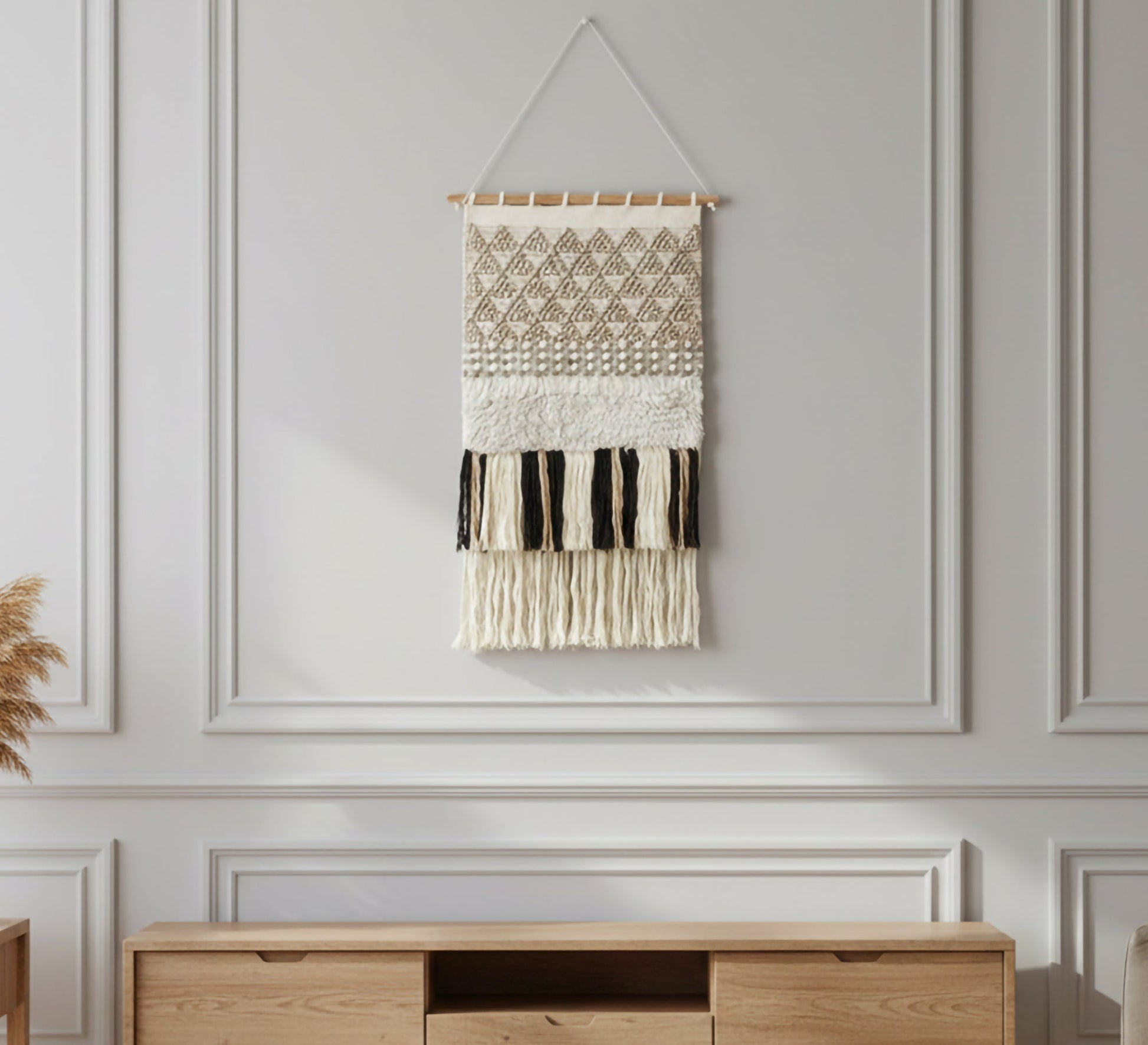 A beige runner adorned with woolen pom - poms and dark ribbons - Vitrine Furniture - Accessories