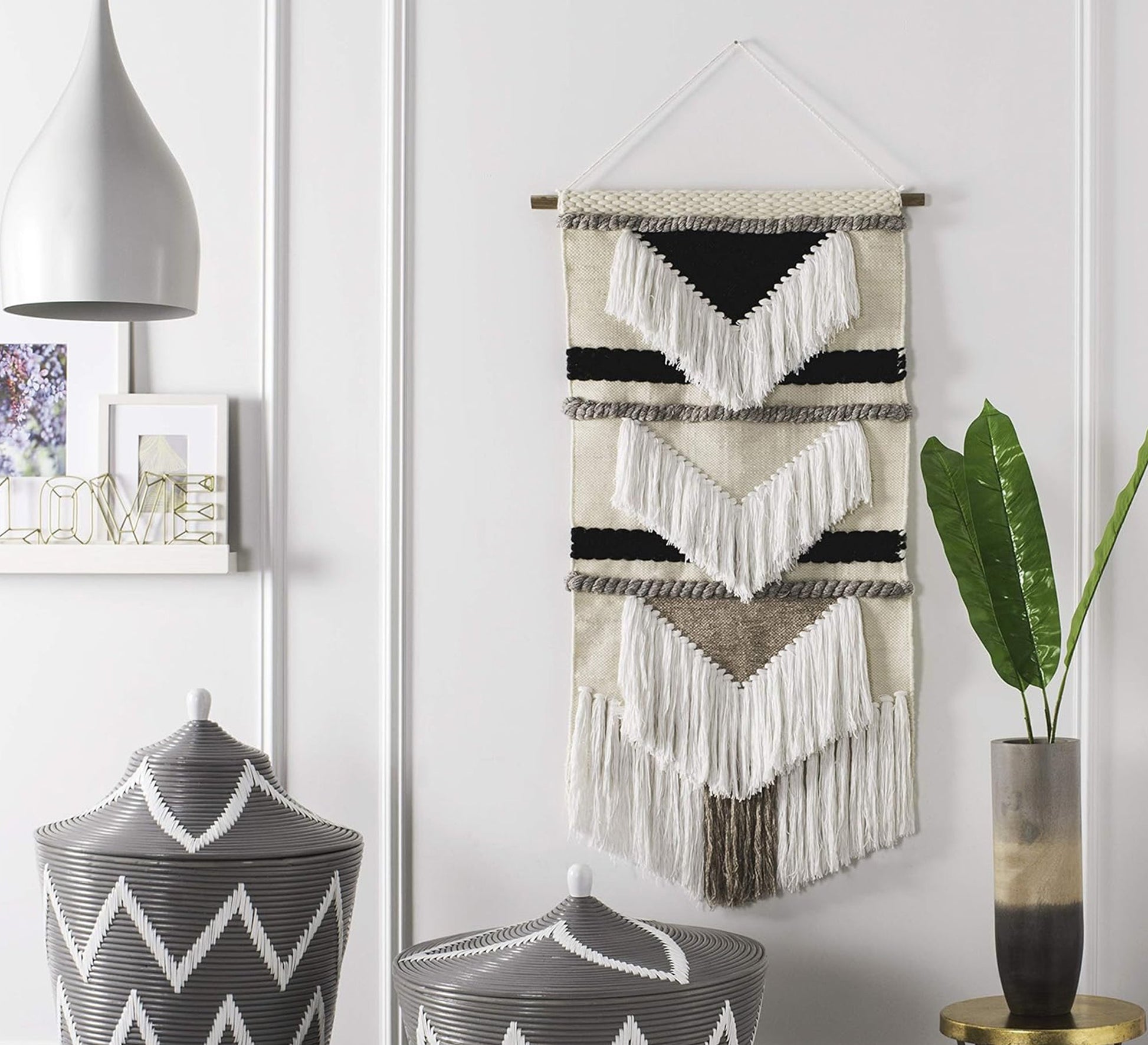 A beige runner with black triangle patterns and white tassels - Vitrine Furniture - Accessories