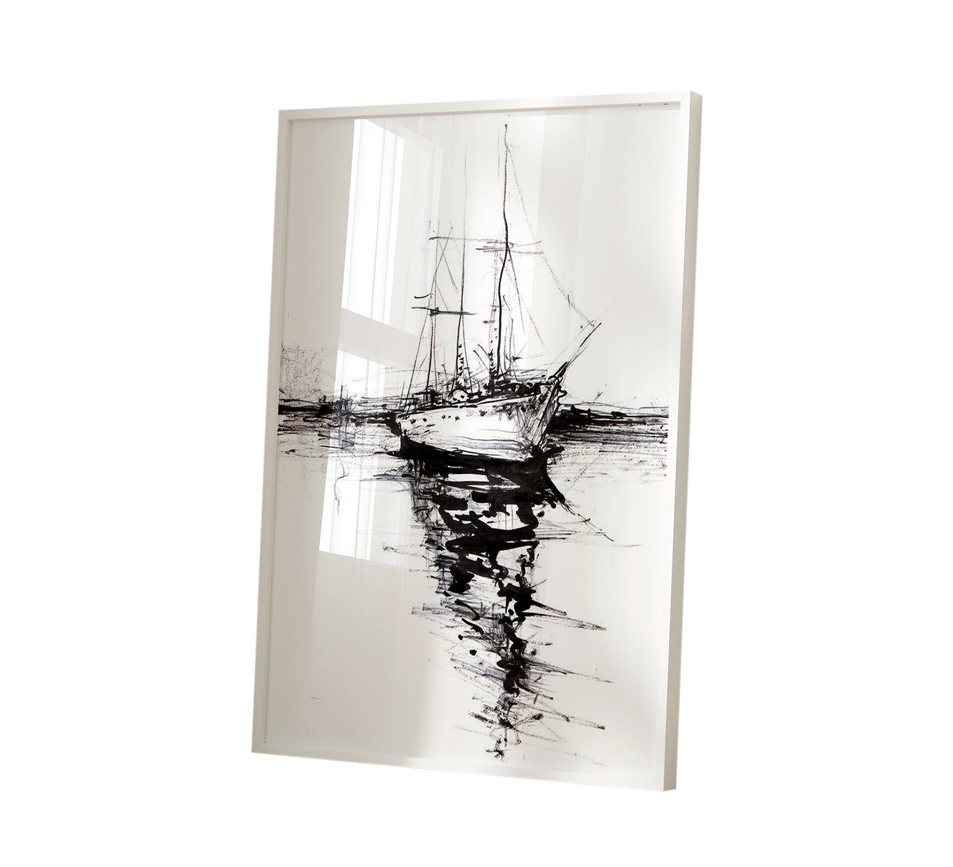 A black and white painting of a ship - Vitrine Furniture - Décor