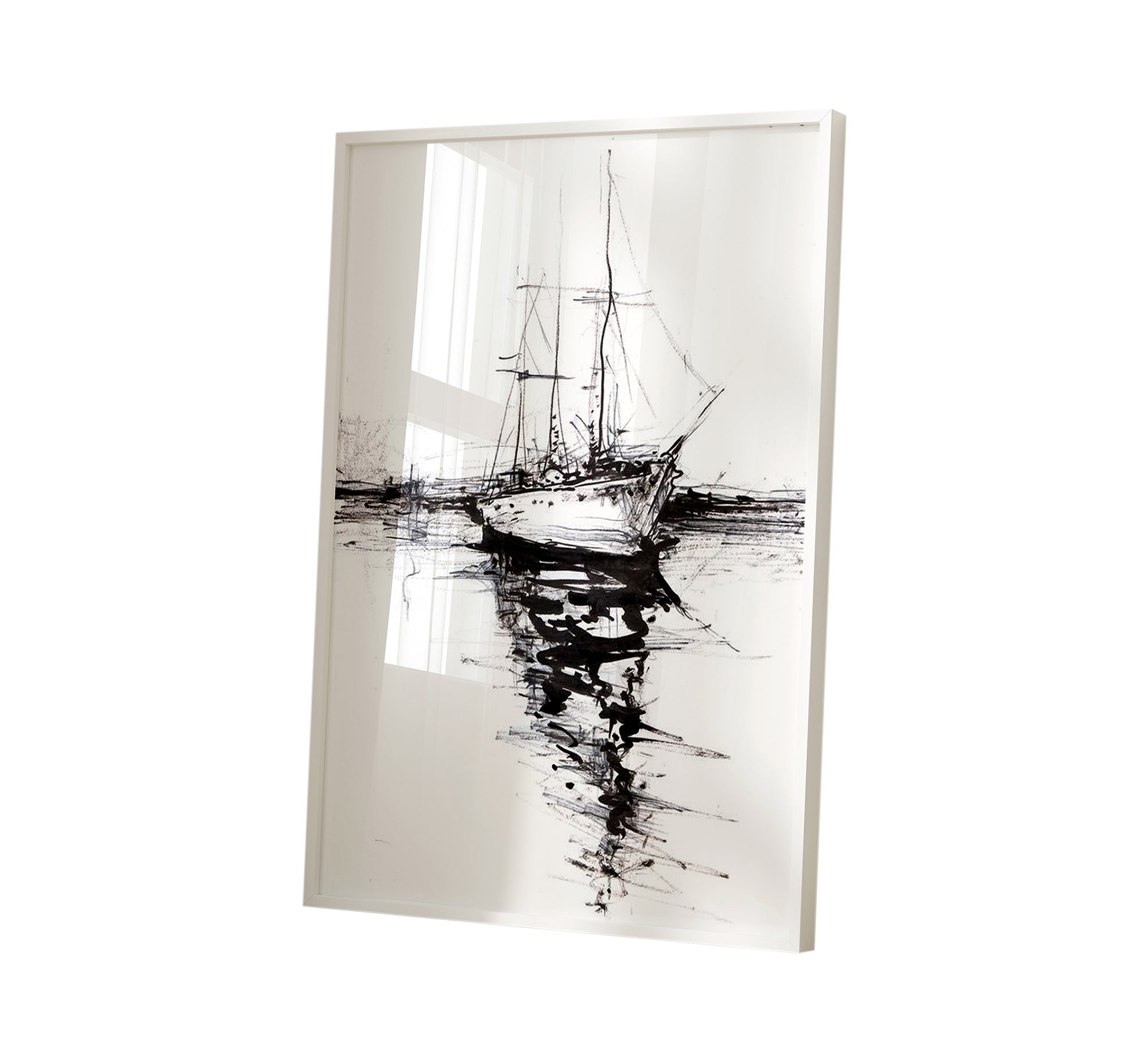 A black and white painting of a ship - Vitrine Furniture - Décor